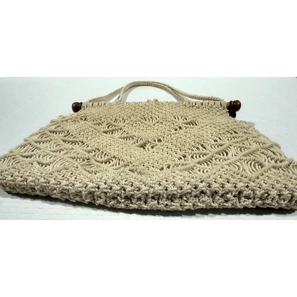Vintage‎ Macrame Boho Hippie Purse - 1970's Handbag with Wood Detail